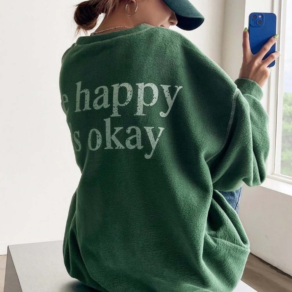 Green Casual Womens Slogan Graphic Drop Shoulder Fleece Oversized Sweatshirt - Picture 5 of 5